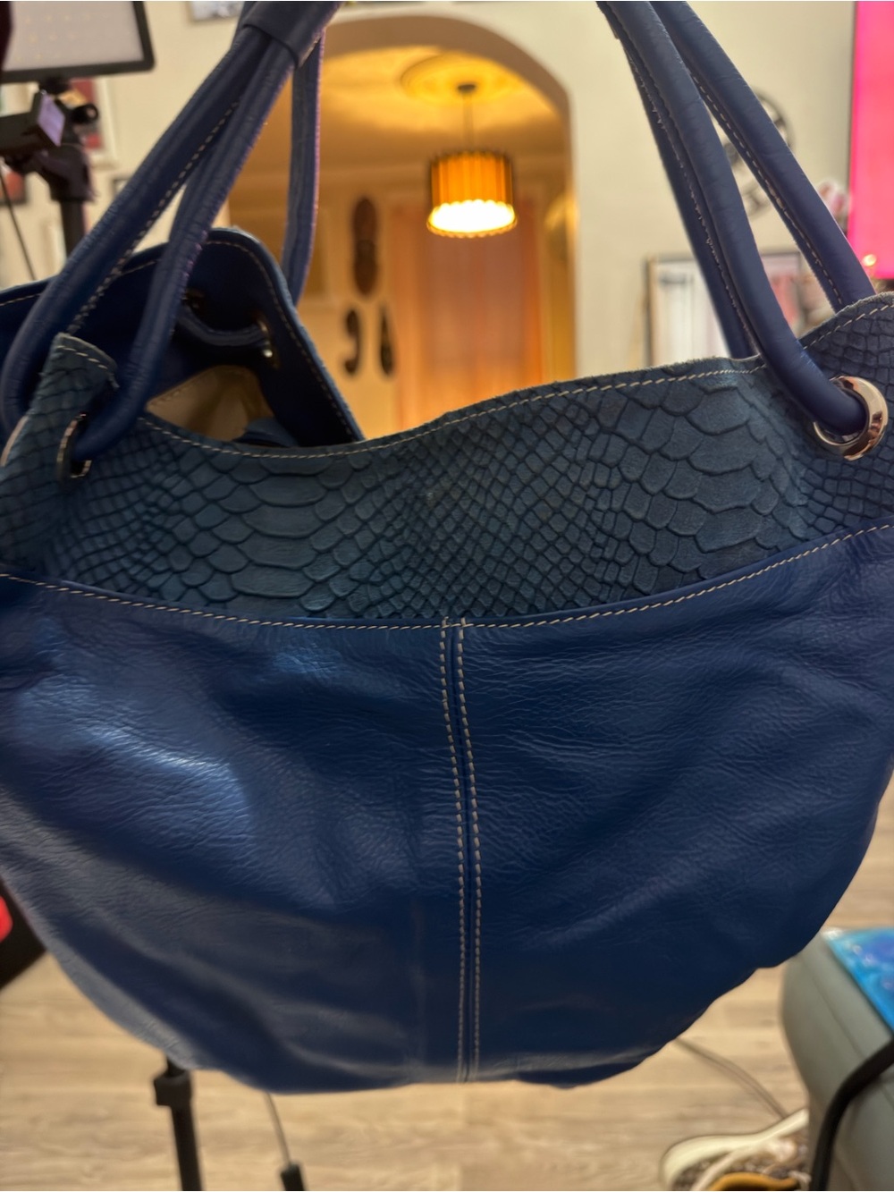 Women's Blue Leather Tote Bag with Textured Trim